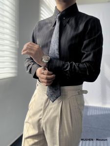 Musesin Mens Long Sleeve Button up Shirt Slim Fit Business Casual Striped Anti-Wrinkle Commute Leisure Extra Long Axis Shirt