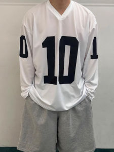 DAVID&ME | White V-neck Long-sleeve Oversized Breathable Basketball Top