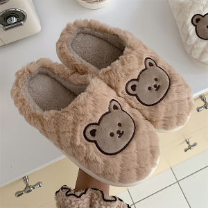 Cute Cartoon Bear Home Slippers Couples Bedroom Warm Plush Shoes Men Women Winter Color Collision Cotton Slippers