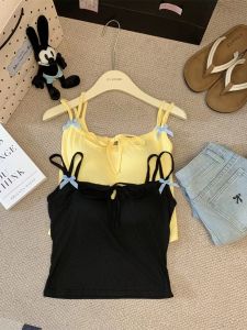 Summer Yellow Dopaamine Strap Vest with Chest Pad Gathered White Enhancing Bow Tie Backless Sweet Fit Cotton Blend Shortie