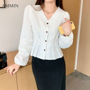 AMMIN 2024เสื้อคอวีแขนยาวสำหรับผู้หญิงเสื้อเบลาส์ลำลองผ้าแจ็คการ์ดลายนูนเสื้อชีฟองเกาหลีแฟชั่นสไตล์เอวบางสีทึบมีฟองแขนพองเสื้อผ้าชีฟองลำลองเสื้อไปออฟฟิศ