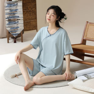 miiow | New Chinese Style Summer Thin Short Sleeve Sleepwear Set Womens Home Clothes With Chest Pad Cat Person 2025 New Arrival
