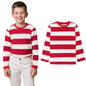 Kids Red and White Striped Shirts Boys Girls Halloween Cosplay Costumes Toddler Christmas Long Sleeve Casual Cotton T Shirts