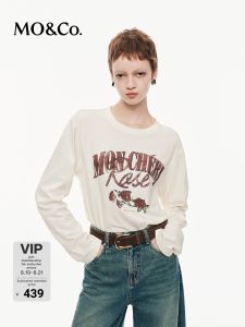 MO&Co. | Spring Autumn Cotton T-Shirt Rose Print with Rhinestones