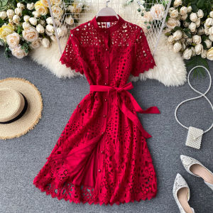 French Vintage Ladylike Lace Short Sleeve Dress Womens Summer Fashion High Waist A-Line Midi Dress Bateau Neck Party Gown