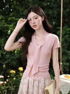Áo Knit Cổ V Màu Hồng Phong Cách Dễ Thương Form Ôm