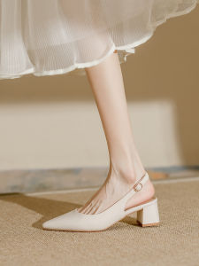 รองเท้าแตะหนังแท้สำหรับผู้หญิงในช่วงฤดูร้อนปี 2025 รองเท้าส้นสูงทรงหัวแหลมสไตล์ฝรั่งเศสแบบสวมสบาย พื้นยาง กันลื่น