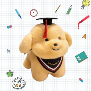 JOJO CASTLE Cartoon Dr. Dog Yellow Fatty Dog Plush Toy Cute Soft Stuffed Animal Bib Puppy Plushies Doll Student Graduation Souvenir Gifts 毕业礼物