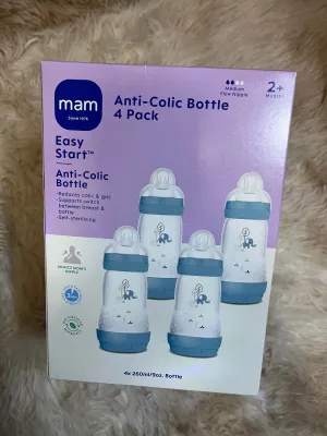 Mam Easy Start Anti-Colic Bottle 4 Pack 2+ months 260ml/9oz. Blue and white design. Anti-colic slow flow self-venting breast-like nipple. Suitable for newborns.