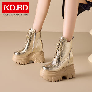 Keboldi Gold Martin Boots Womens 14cm Heightening Short Boots Thick Bottom Slim Motorcycle Womens Boots S874 round Toe Rubber Sole