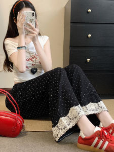 กางเกงขายาวทรงตรงเอวสูงผ้าโพลีเอสเตอร์ลายจุดผสมลูกไม้สำหรับผู้หญิง กางเกงขายาวทรงหลวมลำลองฤดูร้อน