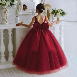 Elegant Big Bow Bridesmaid Girl Dress Tulle White Wedding Party Princess Dresses First Communion Birthday Gown Christmas Costume