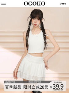 เสื้อกั๊กถักคอวีแขนกุดสีขาวผ้าลูกไม้ผูกโบว์ผีเสื้อสำหรับผู้หญิงในฤดูร้อน เสื้อสั้นแขนกุดแบบหวานและเผ็ดร้อนสำหรับใส่ทำงาน