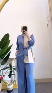 Denola Set Bahan Knit Melar LD 110cm PJ Celana 90cm Ada Tali Pinggang Simpel Modis