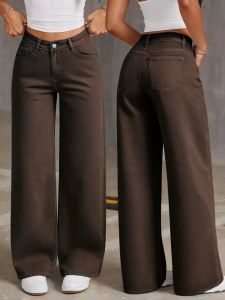 Womens Coffee Brown Wide Leg Jeans High Waisted Super Stretchy Loose Fit Denim Trousers Streetwear