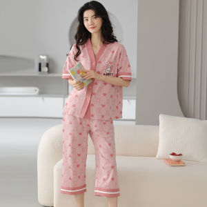 miiow | Pure Cotton Summer Lightweight Breathable Short Sleeve Womens Sleepwear Set Comfortable Home Clothes Casual Round Neck