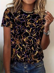 Womens Tee - Glittering Gold & Purple Floral Pattern Graphic Luxe Shimmering Design for Casual Daily Wear