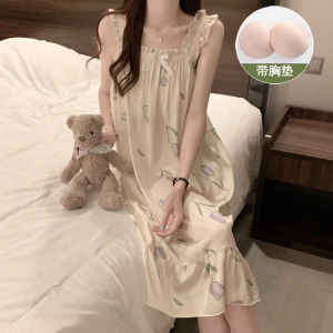 Sweet Summer Ice Silk Strap Sleep Dress Womens Thin Style Vintage Silk Home Clothes Chest Pad Included Mid-Length Plant Floral Print