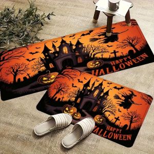 VIKAMA Halloween Bộ Thảm Nhà Bếp Mèo Đen Mũ Phù Thủy Bí Ngô Mạng Nhện Chống Trơn Trượt Có Thể Giặt Được Trang Trí Sàn Trong Nhà Cho Lối Vào