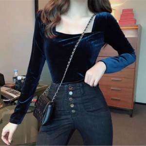 Gold Velvet Square Collar Top Womens Fall and Winter New Arrival Tight Fit Skinny Long Sleeves Inner Wear Color Bottoming Shirt Trendy Slim and Tall Looking Black