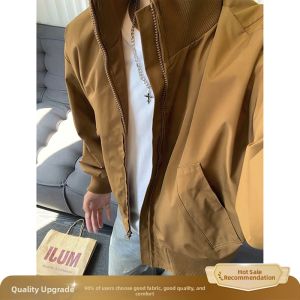 OUMULONG | Brown Mens Fashionable Stand Collar Flight Jacket