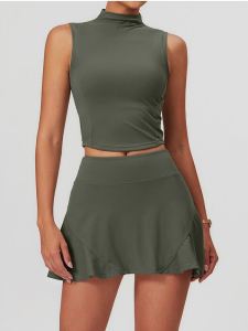 ผู้หญิง รัดรูป เซ็กซี่ ชุดเทนนิสมินิ กระโปรง ชุดโยคะฟิตเนสแห้งเร็วป้องกันแสง ฤดูร้อน ชุดอุปกรณ์กีฬาไนลอนสองชิ้น