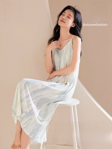 MiiOW | ชุดนอนผู้หญิงแขนกุดผ้าไหมน้ำแข็ง Catman ระบายอากาศได้ดี มีแผ่นเสริมหน้าอก ชุดนอนฤดูร้อน ชุดอยู่บ้าน ชุดเดรสยาว แขนกุด