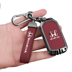 Zinc Alloy Car Key Case Cover Chain Protection Smart Keyless Remote Fob Shell Holder Keychain Leather Buttons Protector For Honda City Civic Type R BRV CRV HRV WRV Vezel Accord Fit Jazz Shuttle Odyssey Stepwgn Freed RS