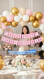 【Happy Time Combine Set】Pink Balloon Garland Arch Kit Girl Baptism Christening Party Decorations Pink Gold White Balloons for Happy Birthday Baby Shower Theme Supplies