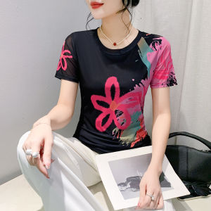 Yimei cổ tròn đàn hồi cao lưới T-Shirt cho phụ nữ trong mùa hè 2024 hoa văn đẹp in Áo thân trên ngọt ngào thời trang tay ngắn áo sơ mi quá khổ