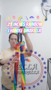 (ELLA SHOP) Elegant Rainbow Folding Umbrella 23 Inches 10 Ribs High-Quality 100% Polyester with J-Handle