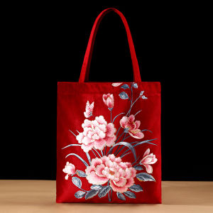 High-End Embroidered Canvas Tote Bag Womens Bucket Bag Artistic Large Capacity Canvas Bag Chinese New Style Handbag Shoulder Bag