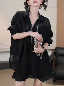 Shalldoer | Lace Splicing Casual Set Womens Loose Summer Shirt Half Skirt Two-Piece Set Korean Style Breathable Lightweight Long Sleeve Polo Neck T-shirt