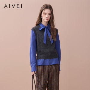 Aivei Autumn 2025 Intelligent College Style Knitted Sweater with Bow Collar Fake Two-Piece Design Wool Nylon Blend Regular Fit
