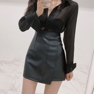 High Waist Padded High Heel Leather A-Line Mini Skirt Korean Style Work Commute Half Length Non-Leggy Short Asymmetrical Zipper Spicy