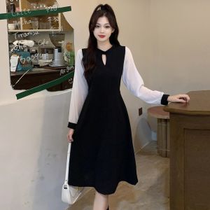Hebe Style French Dress Womens Autumn New High Waist A-Line Skirt Long Sleeve Midi Dress Elegant Lady Boss Suit Dress