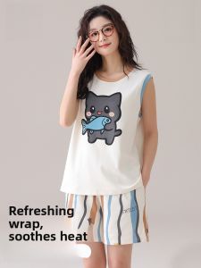 MiiOW | Cat Woman Sleeveless Vest Sleepwear Thin Summer Home Clothes Set For Women Comfortable Breathable Cotton Cartoon Print Nightgown