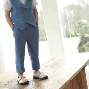 เสื้อกั๊กสีฟ้าลายสก็อต ชุดออกงานเด็กชาย ชุดสูทเด็ก (สินค้าพร้อมส่งในไทย)