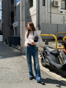 NIHAOKANONG | Quần Jeans Nữ Vintage Thẳng Xanh Đen Mùa Thu Cao Waist Loose Floor-Length