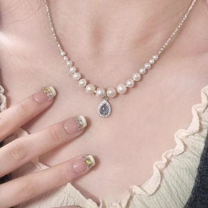 Fashionable Pearl Necklace Accessory Blue Topaz Silver Dust Womens New 2025 High-End Sweater Chain Stylish Neck Chain
