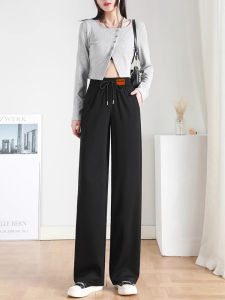 กางเกงกีฬาขากว้างเอวสูงสีดำ ทรงหลวม ทรงตรง กางเกงวอร์มลำลองสำหรับผู้หญิง กางเกงขายาวทรงตรง ทรงหลวม สไตล์สตรีท ฤดูใบไม้ร่วง 2024