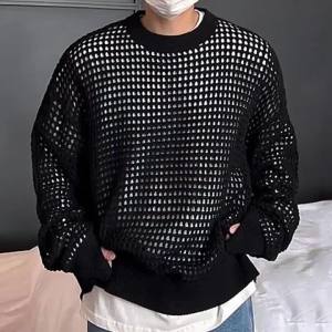7LiNew 2024 Mens Black Long Sleeve KnittedTop Sweaters Clothes Hollow Out Fishnet Mesh Style Knit R Sweater Cal Male Tops