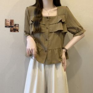 Chic Summer Shirt Womens Large Size Puffy Sleeve Square Collar Gentle Versatile Elegant Small Top for Plump Sister
