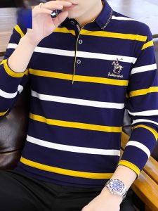 ROMON | Lormen Mens Pure Cotton Long Sleeve Polo Shirt Spring Autumn New Stripe Business Casual With Collar T-shirt Upper Body