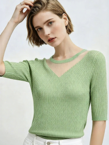 AMII | Commute Style Round Neck Organza Short Sleeve Knitted Top