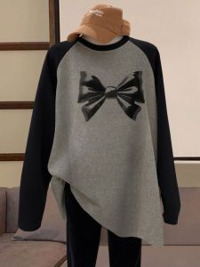 เสื้อยืดคอกลมแขนยาวผ้าฝ้ายแท้ทรงหลวมสไตล์เกาหลีสำหรับผู้หญิง ฤดูใบไม้ร่วง ฤดูหนาว ทรงหลวม ทรงยาวปานกลาง ทรงหลวม ทรงหลวม