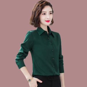Spring 2025 Women's Slim Fit Long Sleeve Pure Color Shirt: Elegant Green Top OL Style Commute Shirt