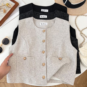 Retro Chic Chanel-Style round Neck Single-Breasted Double Pocket Sleeveless Vest Waistcoat Coat Top Female Summer New Arrival
