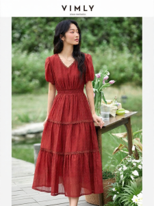 Vimly | Elegant Red V-neck Long Dress Womens Summer New Style Splicing Lace Waist-cinching Skirt Vintage A-line Simple Solid Color