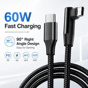 60W USB C to USB C Cable 90 Degree Right Angle PD Fast Charging Data Sync Nylon Braided Type C Cord for Gaming Phone Tablet